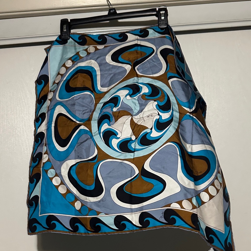 🆕Emilio Pucci Blue, Turquoise & Brown Swirl Print Silk Scarf - Picture 1 of 16